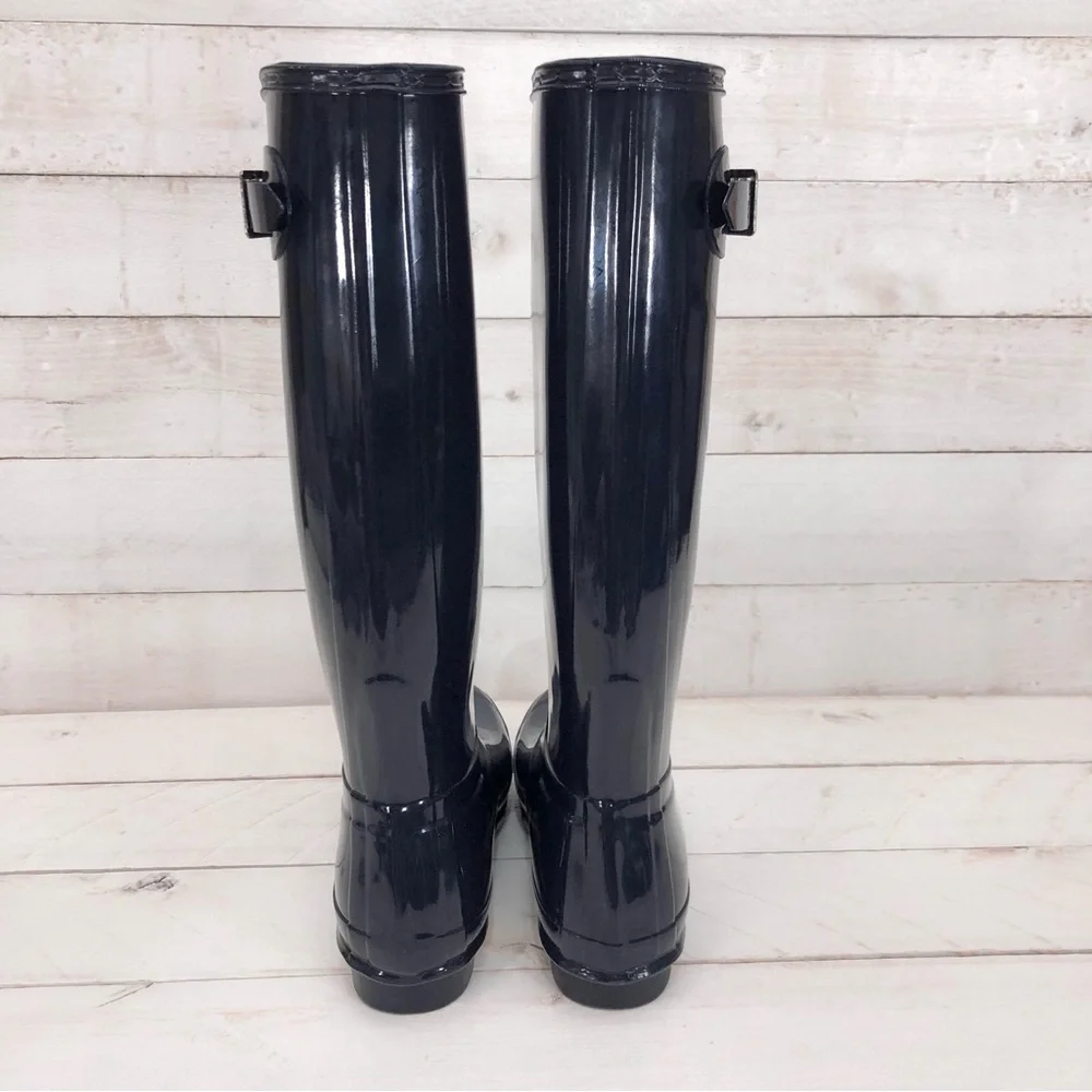 Hunter Navy Gloss Original Tall Rain Boots • Women's Sz 9 • NIB
